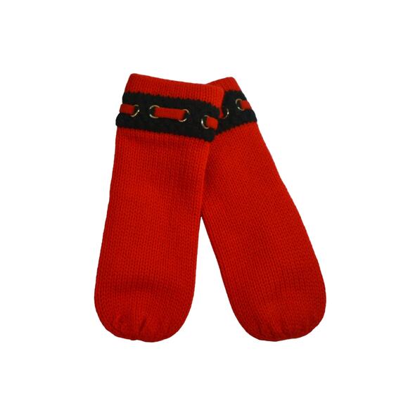 80s Red & Black 100% Acrylic Knit Silver Grommets Women's Mittens Made in Japan - Picture 3 of 7